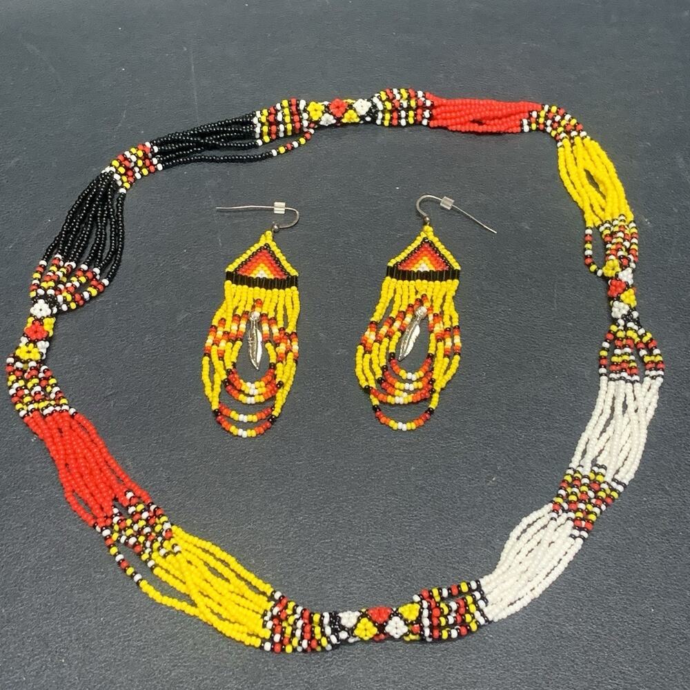Vintage Beaded Necklace And Earrings Native American Style Multiple Strands Rope